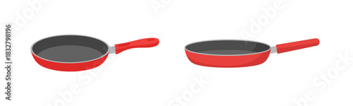 Two red frying pans with non-stick coating shown from different angles, isolated on a white background. Vector illustration of kitchen cookware.