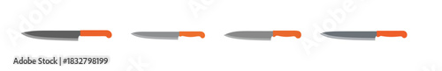 A row of four stylized knives with grey blades and orange handles, presented on a white background.