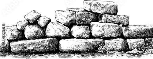 Engraved decorative illustration of ancient stone granary for historical art themes