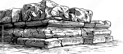 Ancient stone platform engraving - decorative hand drawn illustration for historical design