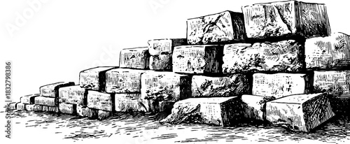 Engraved decorative illustration of ancient stone retaining wall design