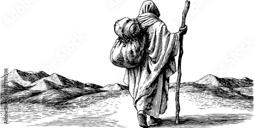 Ancient traveler with staff and backpack in desert landscape - engraved decorative illustration