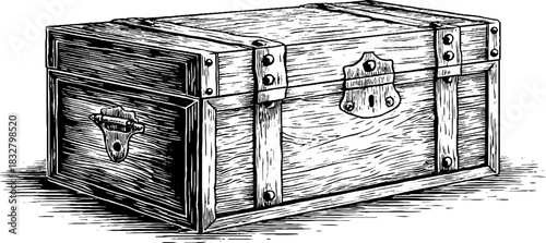 Vintage engraved illustration of ancient wooden storage chest with decorative details for retro design
