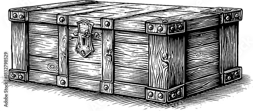 Engraved decorative illustration of an ancient wooden storage chest for retro design