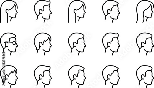 User Profile and Avatar Outline Icon Set Male and Female Heads, Side View Portraits, Diverse People, and Social Media Account Symbol Collection
