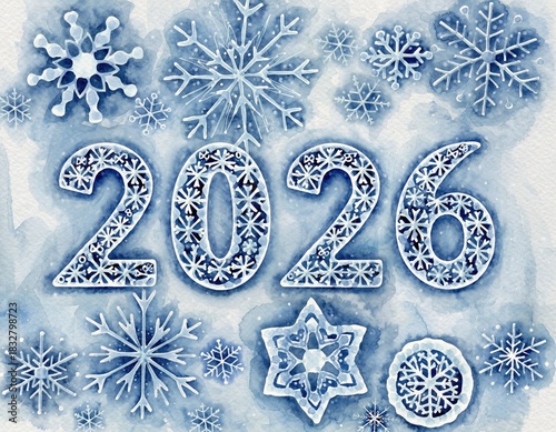 Snowflake patterned 2026 on white blue winter background