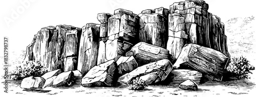 Engraved decorative illustration of clustered basalt cliff formation for design and print