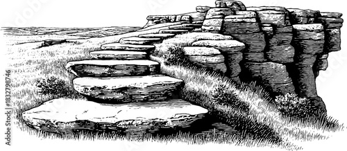 Vintage engraving of eroded cliff with spiral stairs for retro design projects