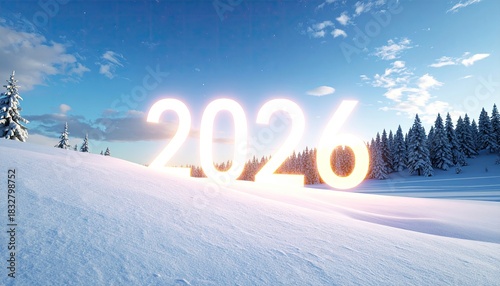 Glowing 2026 text over a snowy landscape in winter