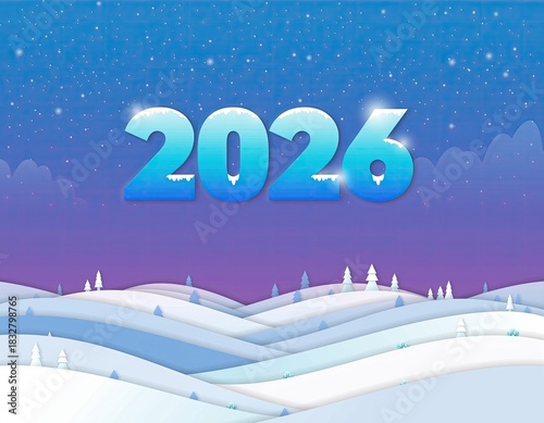 Winter holiday card with 2026 text in blue