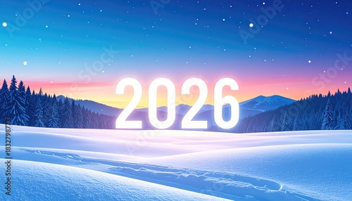 Bright 2026 on a snowy landscape, winter holiday