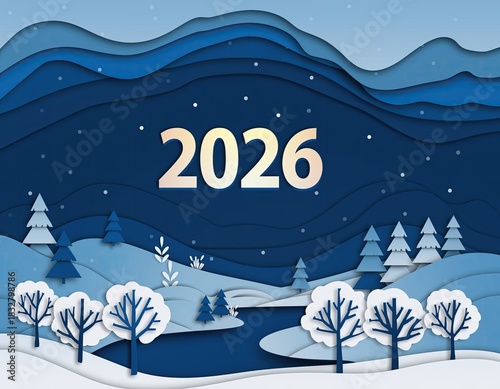 Winter landscape scene with year 2026 in gold