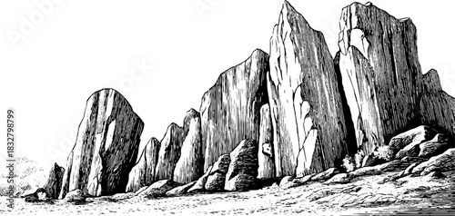 Jagged cliff monoliths in vintage engraved style for artistic design