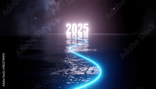 Glowing 2025 new year sign with blue light trail on dark water