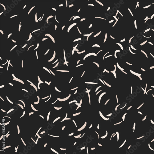 Elegant seamless vector pattern with soft beige abstract strokes scattered on a deep black background. Modern, minimal texture perfect for textiles, packaging, branding and decor