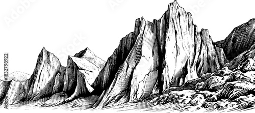 Rugged volcanic stone landscape engraving for retro design projects