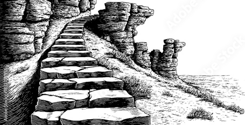 Engraved decorative illustration of stone steps leading through rocky landscape