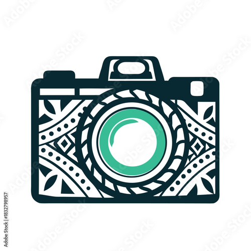 Stylized Camera Icon with Tribal Pattern Design