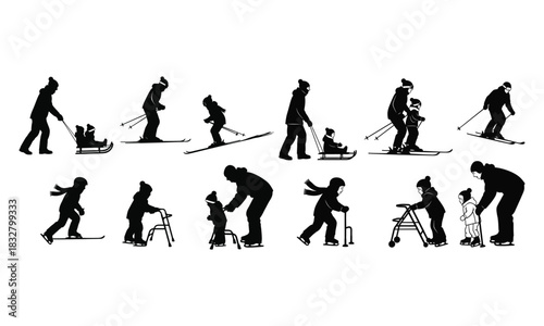 Winter family activities silhouette