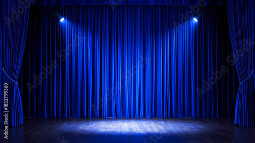 blue stage curtains with spotlight