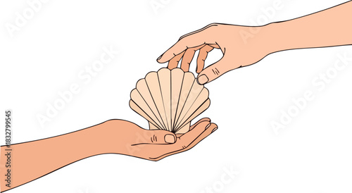 Hands exchanging a seashell symbolizing a gift or offering.