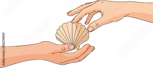 Hands exchanging a seashell symbolizing connection and exchange.