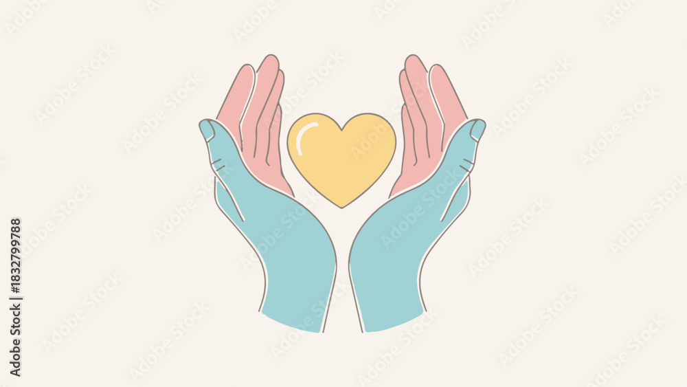 Obraz premium Flat Vector Illustration of Hands and Heart in Soft Pastel Colors