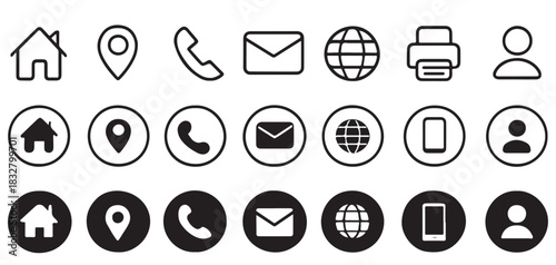 Set of contact information icons in three styles home