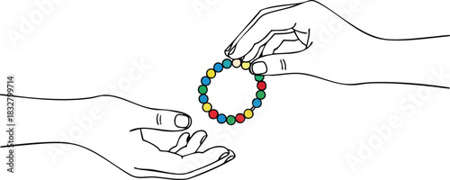 Handing Over a Colorful Beaded Bracelet: A Gesture of Giving.
