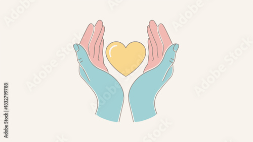 Flat Vector Illustration of Hands and Heart in Soft Pastel Colors