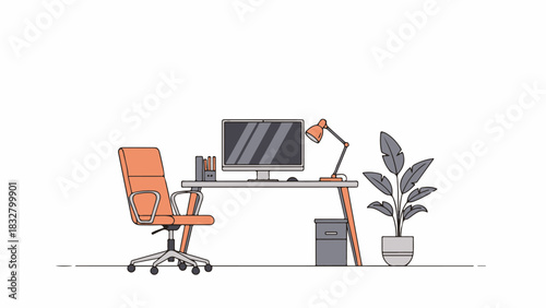 Modern Minimalist Flat Vector Office Desk Setup with Orange Accents