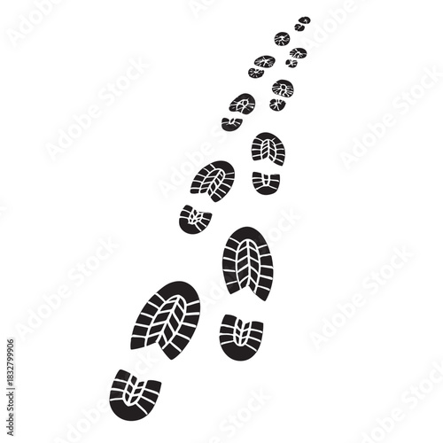Black footprints walking up on white background shoe prints