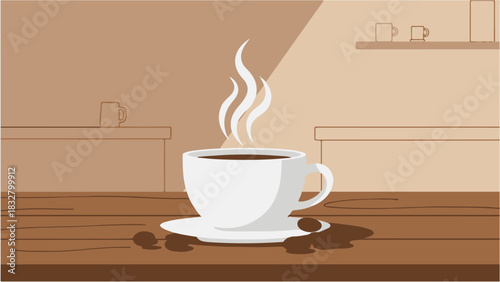 Monochromatic Flat Vector Coffee Illustration with Steaming Cup and Spill