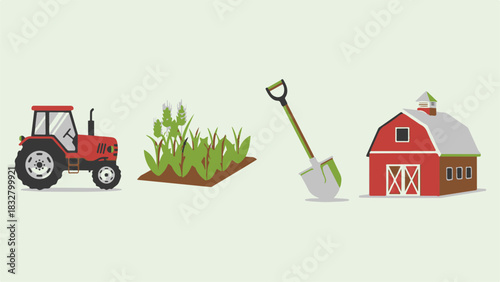 Flat Vector Farm Elements Illustration with Tractor, Barn, and Crops