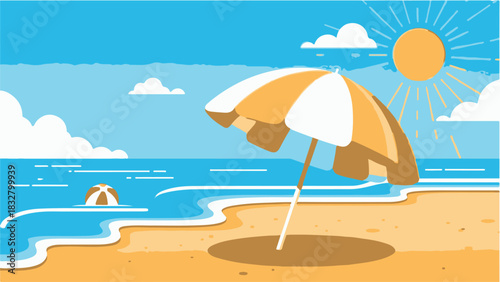Flat Vector Beach Scene with Sun, Umbrella, and Ocean Waves