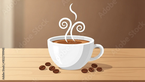 Flat Vector Illustration of Steaming Coffee Cup with Beans on Table