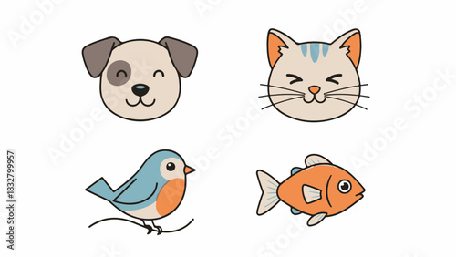 Cute Outlined Flat Vector Pet and Wild Animal Icons Collection