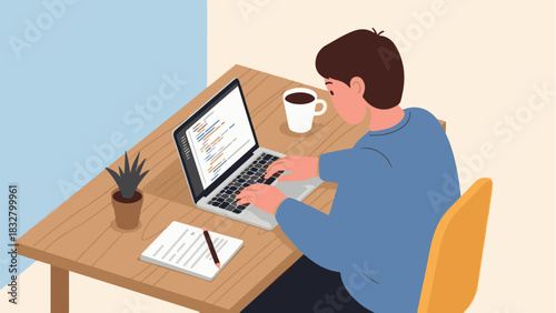 Minimalist Flat Vector Illustration of a Programmer Working at a Modern Desk