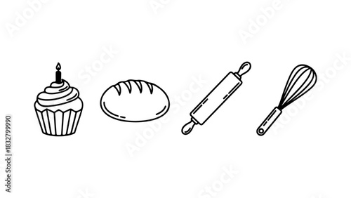 Minimalist Kitchen Baking Tools and Food Outline Vector Icons