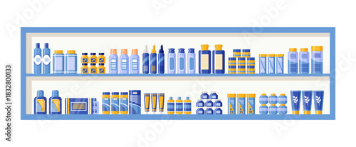 Pharmacy shelf with medical products. Drugstore shelves with pills, bottles, packets. Medicines and medications liquids syrup and capsules in hospital store. Flat design. Vector illustration