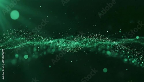 Emerald Green Particle Wave with Light Rays – Magical Ethereal Background