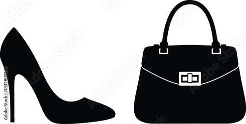Elegant high heel shoe and handbag silhouette on a white background