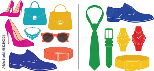 Colorful fashion accessories for men and women on white background