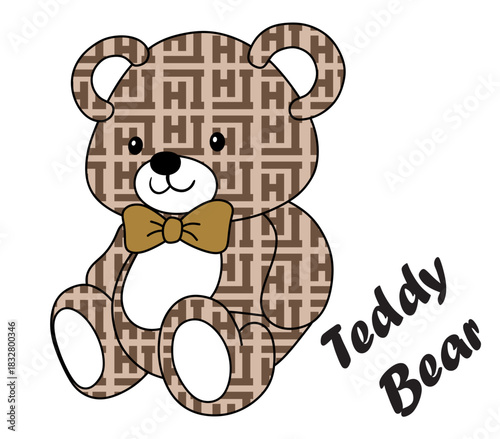 Cute teddy bear illustration sitting on a swing holding a heart and a cup of coffee