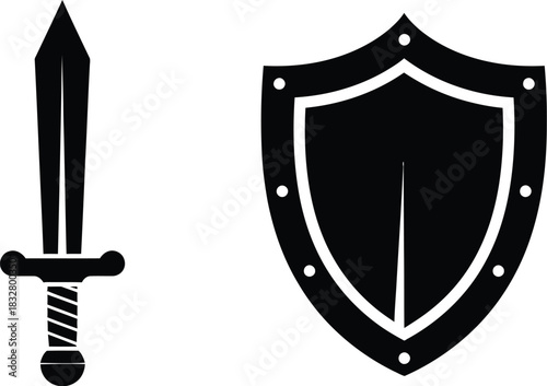 Black and white illustration of a sword and shield for protection