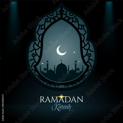 ramadan kareem arabic window with mosque, crescent and stars background.
