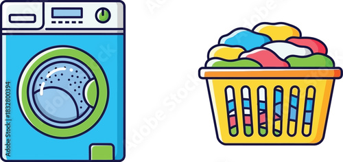 Washing machine and laundry basket illustration for home cleaning and chores