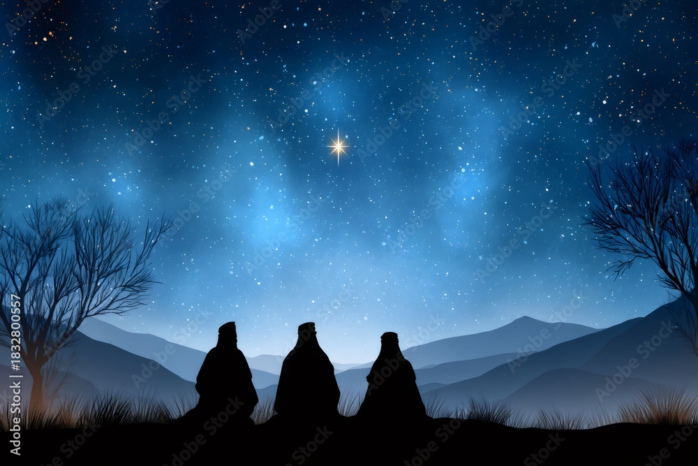 Fototapeta premium Three wise men seeing the star of bethlehem at night