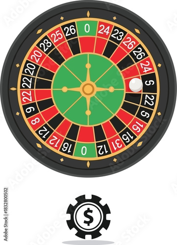 Roulette wheel with casino chip on white background for gambling
