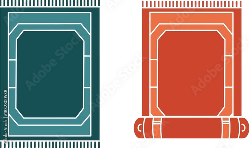 Two prayer rugs in green and red isolated on white background